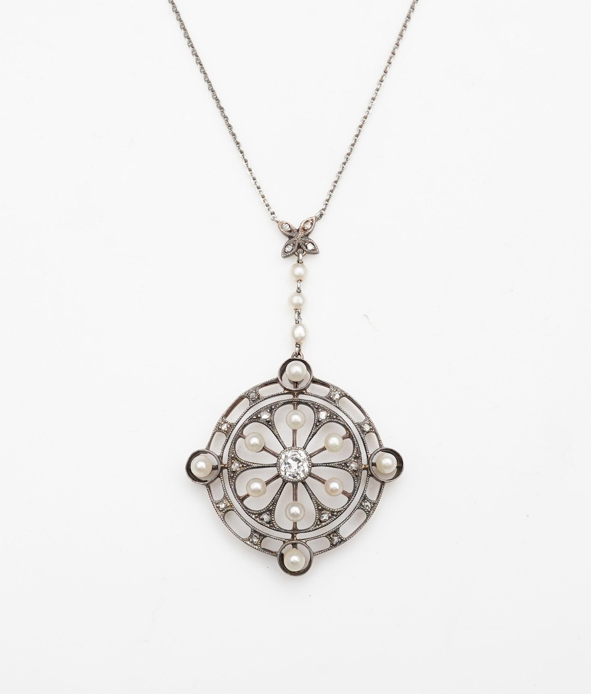 An Edwardian diamond and pearl pendant, early 20th century